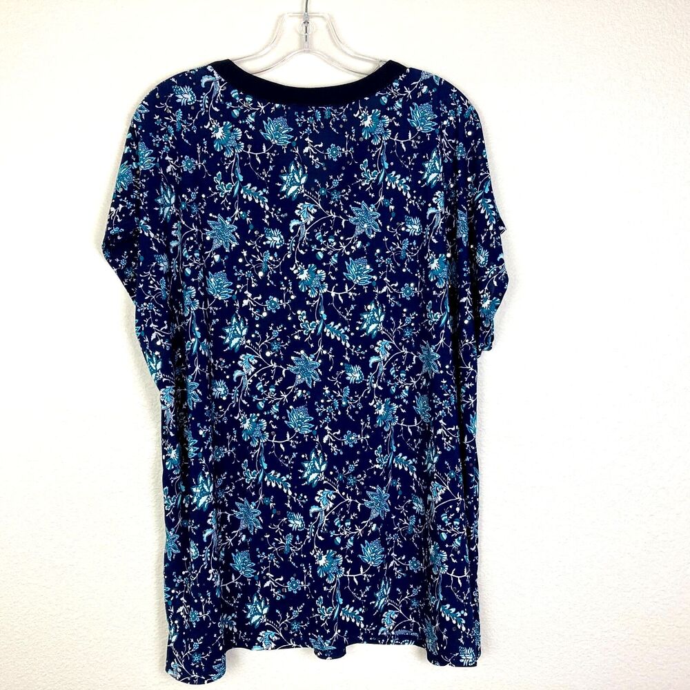 Lavish V-Neck Blouse Size 2X Blue Teal Floral Stretch Sparkly Mirror Dots - Picture 4 of 4